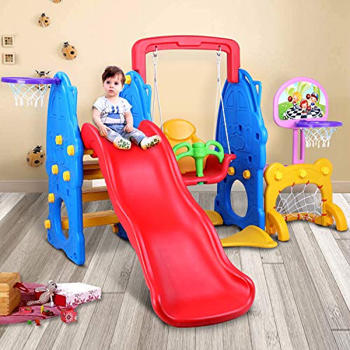 Children Toy Playset with Basketball Hoop for Outside Games Sturdy Toddler Playground Slipping Slide Climber for Indoor Outdoors Use Playground Equipment Set LAZY BUDDY Kids Slide